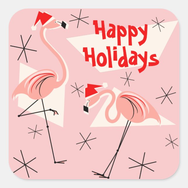 Flamingo Santas Pink Happy Holidays Aufkleber Plat (Vorderseite)