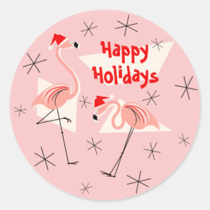 Flamingo Santas Pink Happy Holidays Aufkleber rund