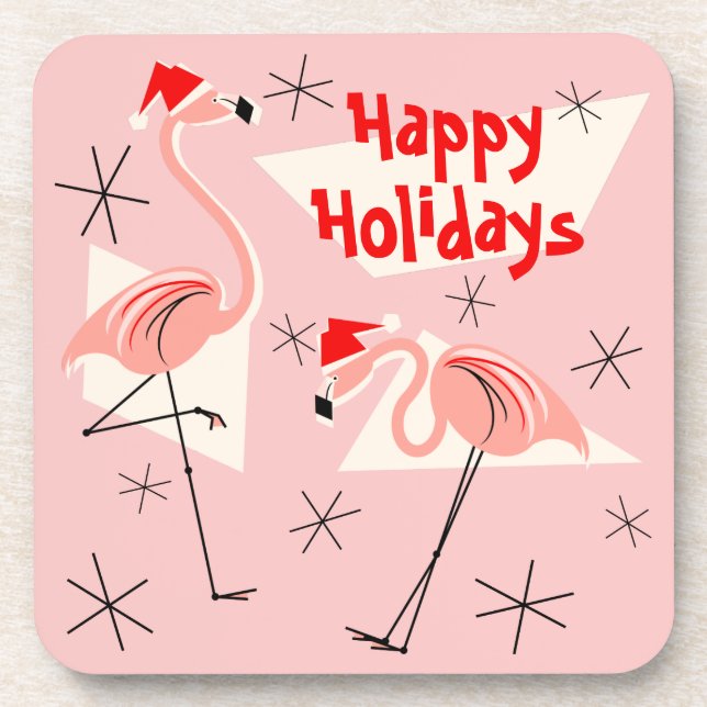 Flamingo Santas Pink Happy Holidays Kunststoff Untersetzer (Vorderseite)