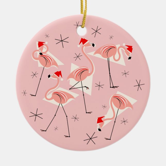 Flamingo Santas Pink Happy Holidays Runde Keramik Ornament (Vorne)