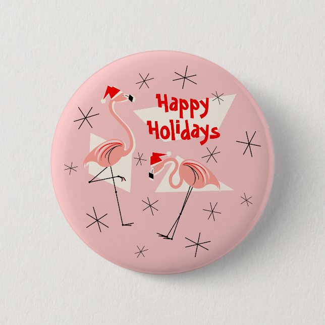 Flamingo Santas Pink Happy Holidays Taste rund Button (Vorderseite)