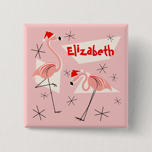Flamingo Santas Pink Name Button Quadrat (Vorderseite)