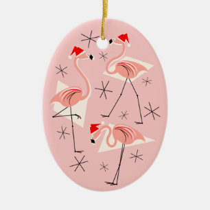 Flamingo Santas Pink Text Ornament Oval