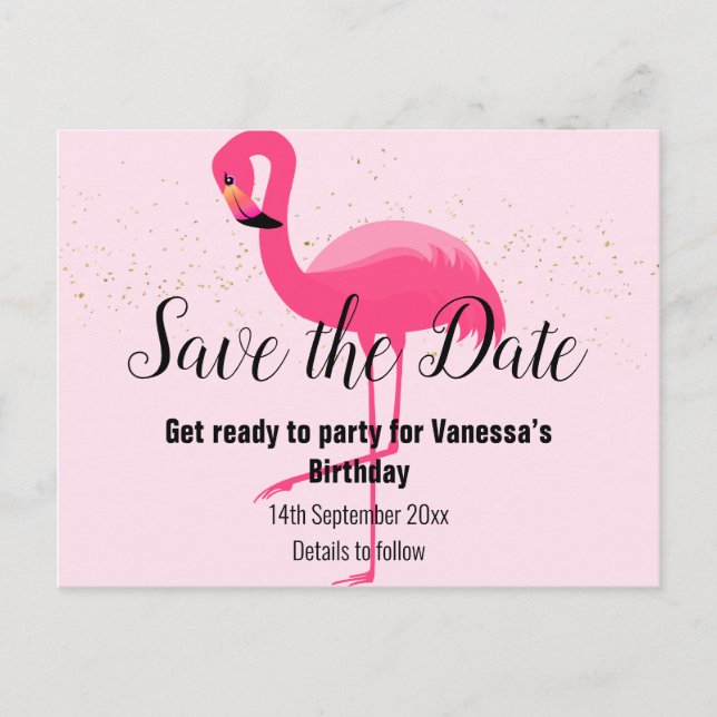 FLAMINGO Save the Date rosa Ankündigungspostkarte (Vorderseite)