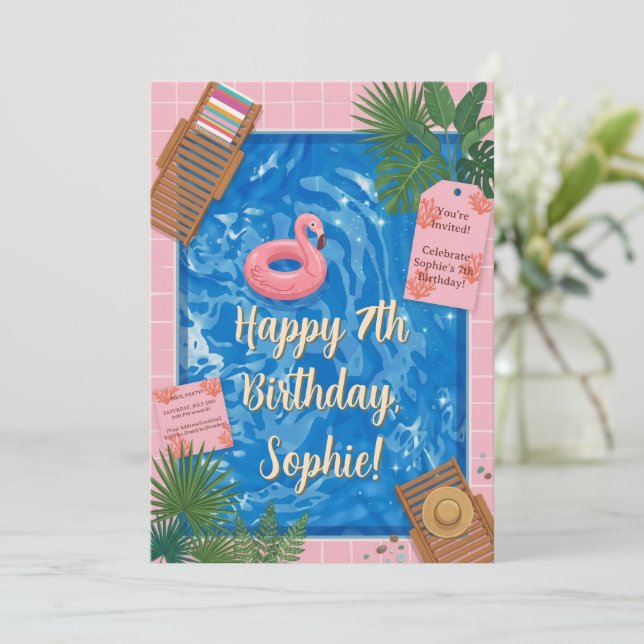 Flamingo-Schwimmbad-Party  Einladung (Stehend Vorderseite)