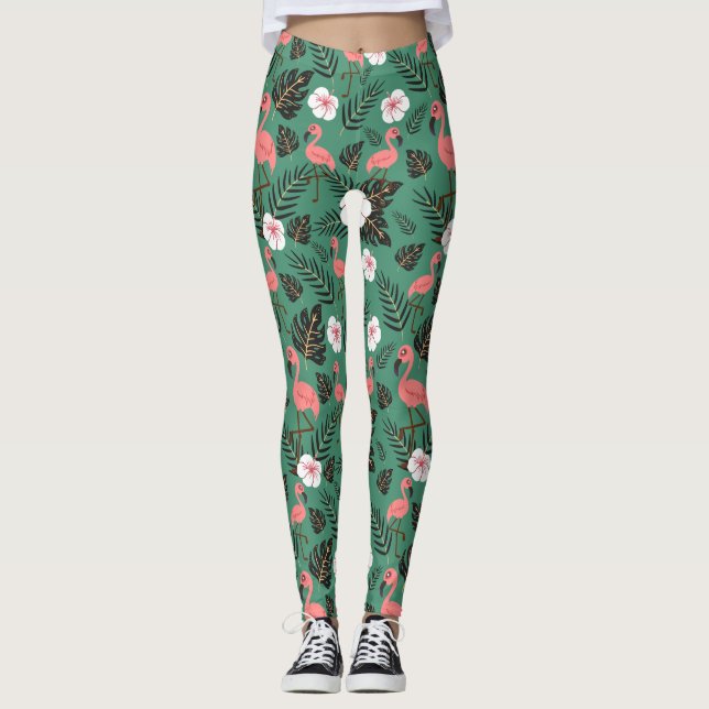 Flamingo seamless pattern pink on green background leggings (Vorderseite)
