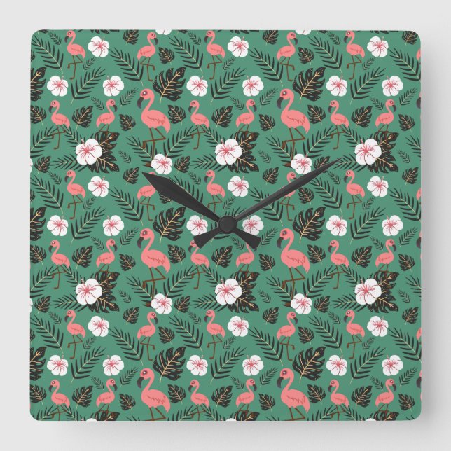 Flamingo seamless pattern pink on green background quadratische wanduhr (Vorderseite)