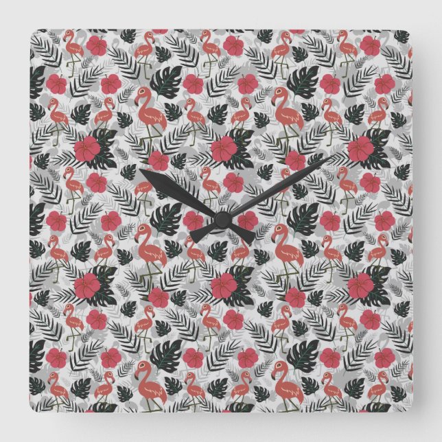 Flamingo seamless pattern with floral background quadratische wanduhr (Vorderseite)