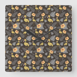 Flamingo seamless pattern with flowers and leaves quadratische wanduhr