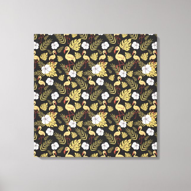 Flamingo seamless pattern yellow and white flowers leinwanddruck (Vorderseite)