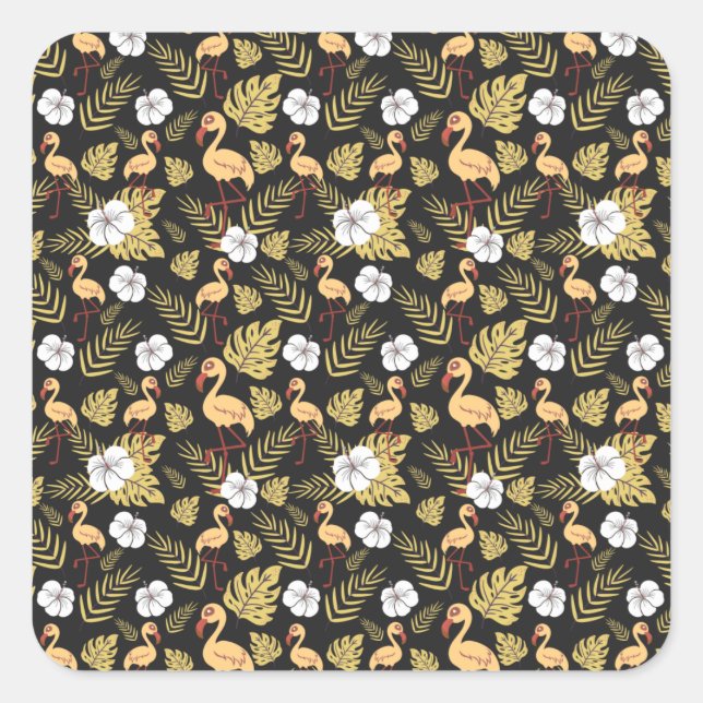 Flamingo seamless pattern yellow and white flowers quadratischer aufkleber (Vorderseite)