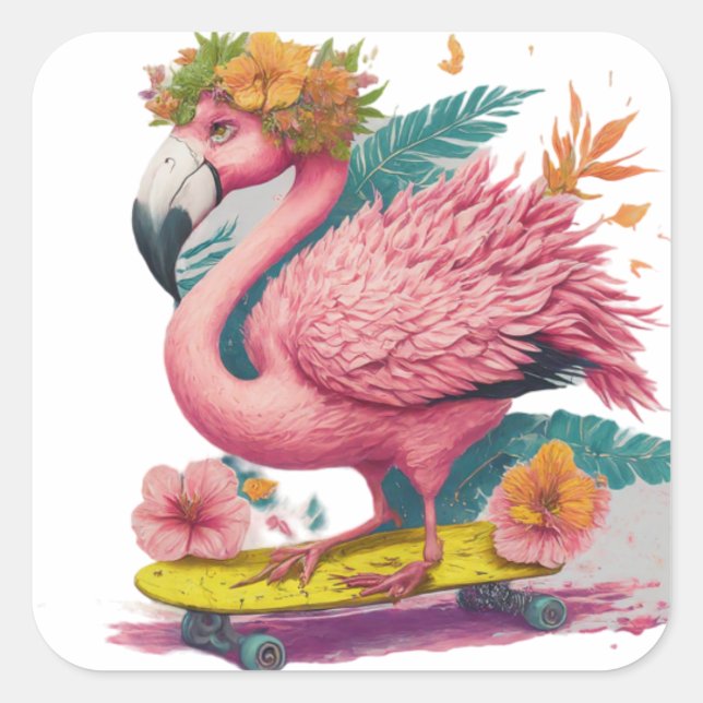 Flamingo Skater - Tropical Skateboard Vibes Square Quadratischer Aufkleber (Vorderseite)