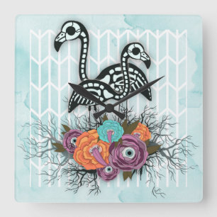Flamingo Skeleton Halloween Composition Quadratische Wanduhr