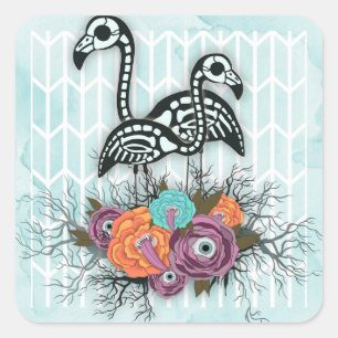 Flamingo Skeleton Halloween Komposition Quadratischer Aufkleber