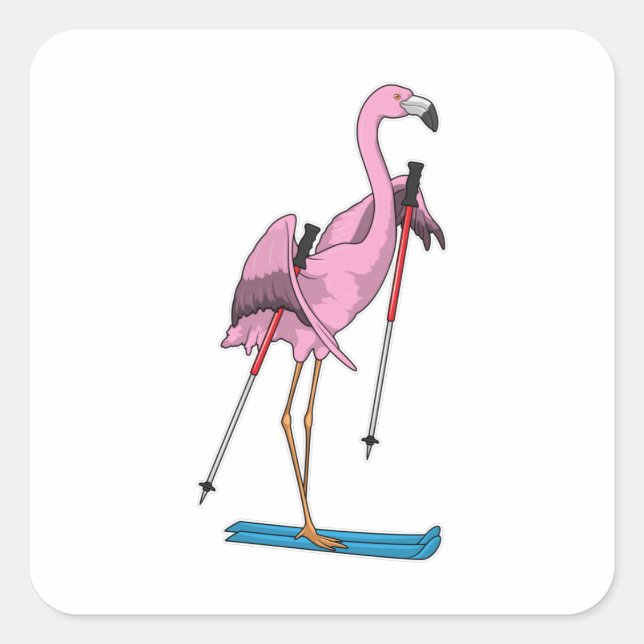 Flamingo Skier Ski Quadratischer Aufkleber (Vorderseite)