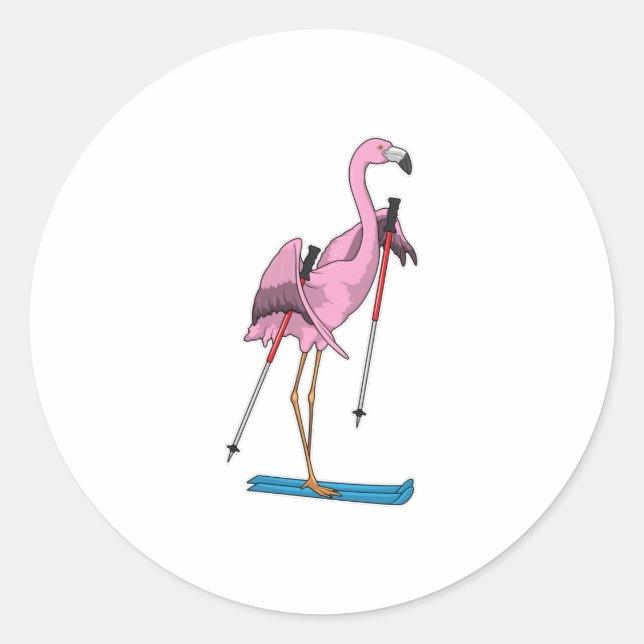 Flamingo Skier Ski Runder Aufkleber (Vorderseite)