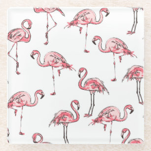 Flamingo-Skizze: Tropisches Vintage-Muster. Glasuntersetzer