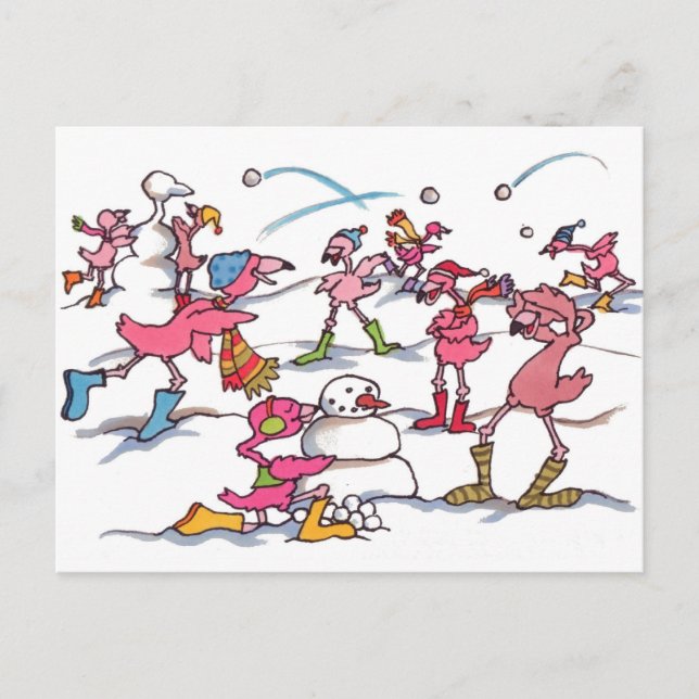 Flamingo Snowball Fight Postcard Postkarte (Vorderseite)