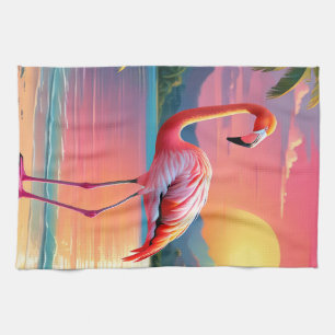Flamingo-Sonnenuntergang Tropischer Strand  Geschirrtuch