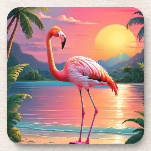 Flamingo Sonnenuntergang Tropischer Strand Getränkeuntersetzer