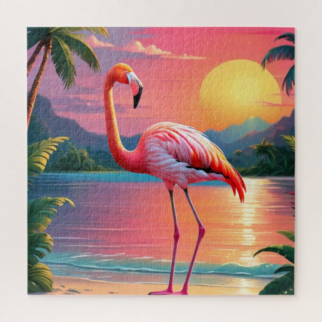 Flamingo Sonnenuntergang Tropischer Strand  Puzzle (Vertikal)