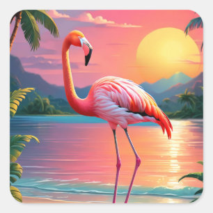 Flamingo-Sonnenuntergang Tropischer Strand  Quadratischer Aufkleber