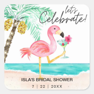 Flamingo-Strand-Cocktail-Tropische-Hochzeitsdusche Quadratischer Aufkleber