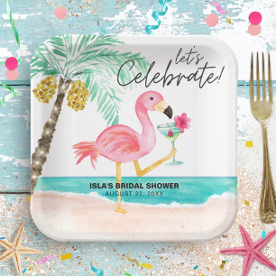 Flamingo-Strandparty-Tropische-Palmen-Junggesellin Pappteller