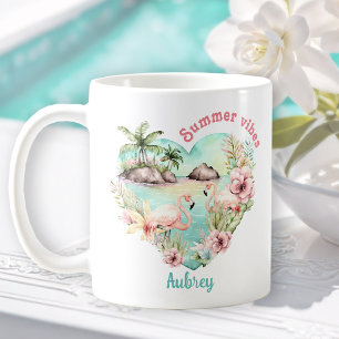 Flamingo Summer Heart Tropical Personalisiert Name Kaffeetasse