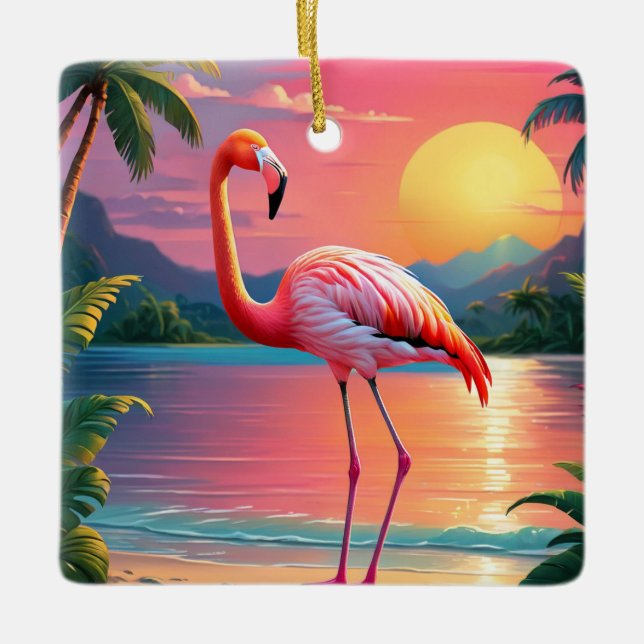 Flamingo Sunset Tropical Beach Keramikornament (Vorderseite)