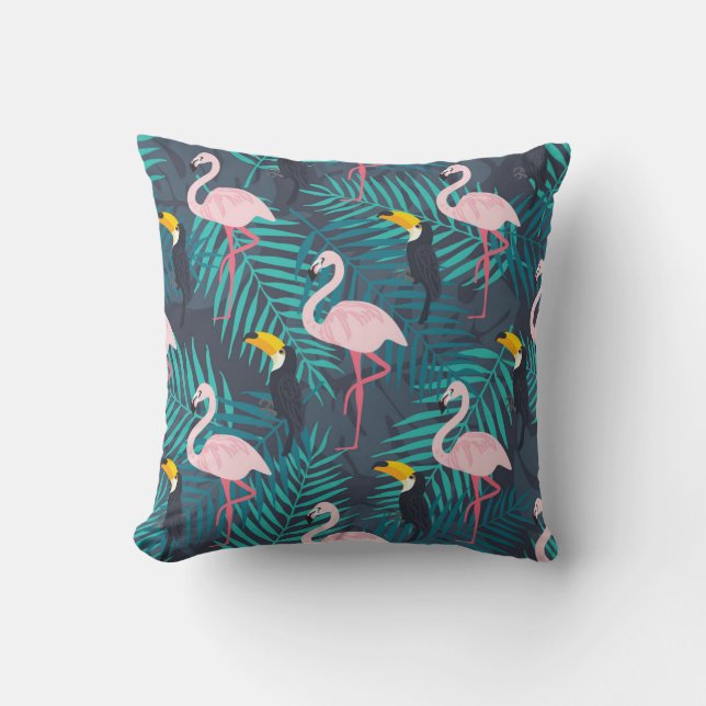 Flamingo, Toucan: tropisches Blattmuster Kissen (Vorderseite)