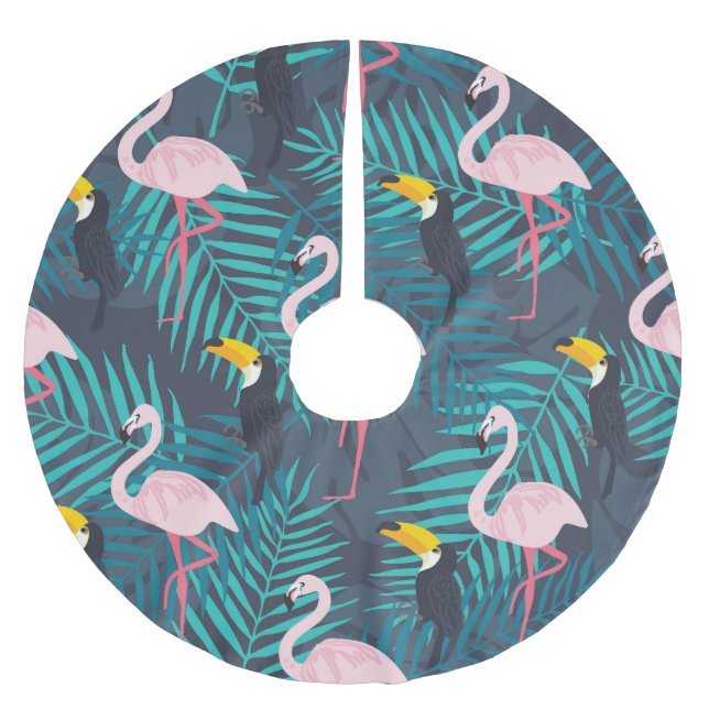 Flamingo, Toucan: tropisches Blattmuster Polyester Weihnachtsbaumdecke (Vorderseite)