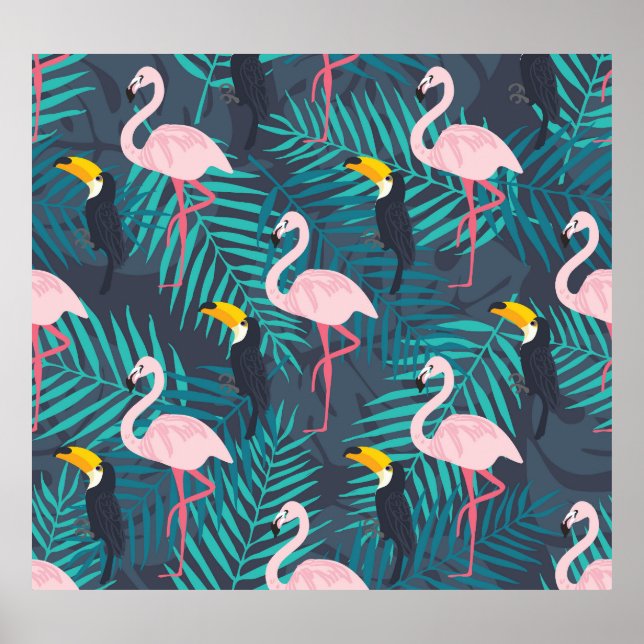 Flamingo, Toucan: tropisches Blattmuster Poster (Vorne)