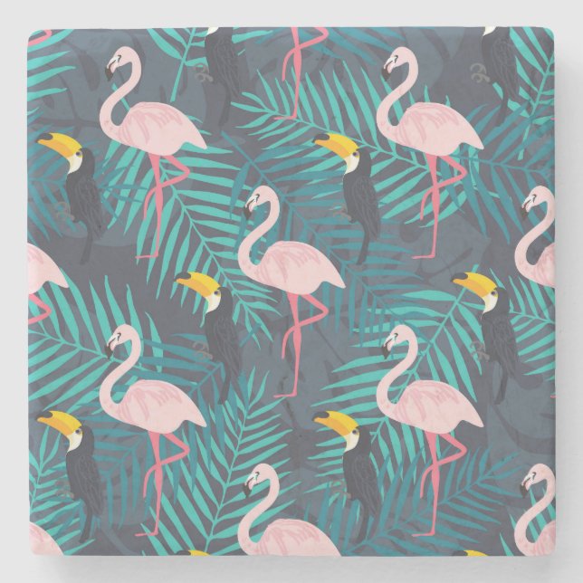 Flamingo, Toucan: tropisches Blattmuster Steinuntersetzer (Vorderseite)