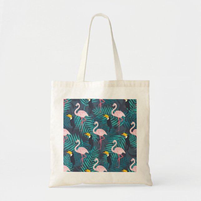 Flamingo, Toucan: tropisches Blattmuster Tragetasche (Vorne)