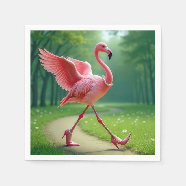 Flamingo Tragen von hohen Absätzen und Perlen Serviette (Vorderseite)