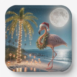 Flamingo trägt einen Weihnachtskranz Pappteller