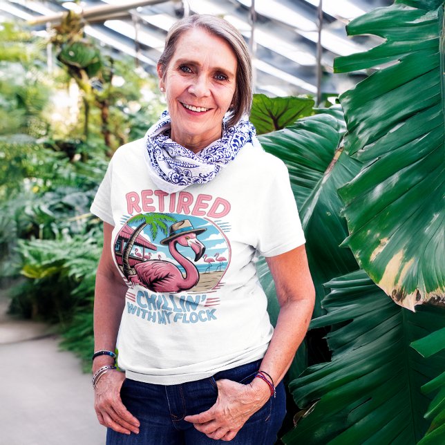 Flamingo Tropical Beach Retirement Humor T-Shirt (woman at botanical garden wearing funny flamingo retirement shirt that says chillin with my flock)