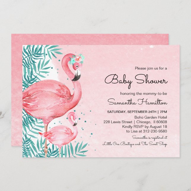 Flamingo & Tropical Blätter Watercolor Baby Shower Einladung (Vorne/Hinten)