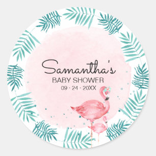 Flamingo & Tropical Blätter Watercolor Baby Shower Runder Aufkleber