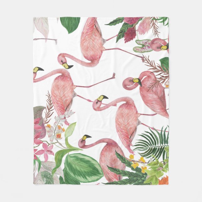 Flamingo Tropical Blätter Watercolor Muster Fleecedecke (Vorderseite)