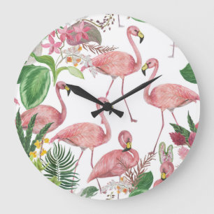 Flamingo Tropical Blätter Watercolor Muster Große Wanduhr