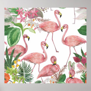 Flamingo Tropical Blätter Watercolor Muster Poster