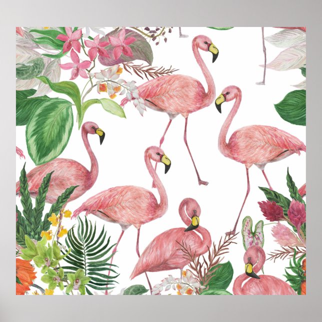 Flamingo Tropical Blätter Watercolor Muster Poster (Vorne)