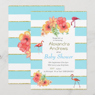Flamingo Tropical Blue Stripe Baby Dusche Einladung