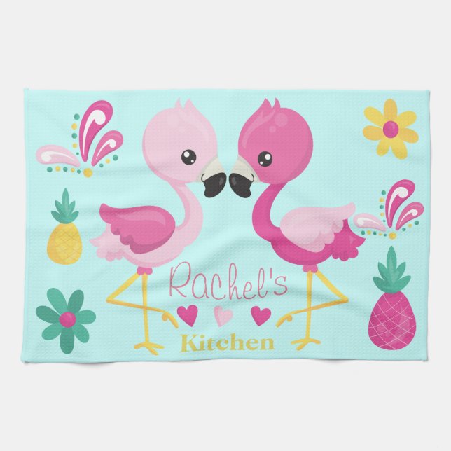 Flamingo Tropical Blue und Pink Geschirrtuch (Horizontal)