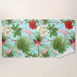 Flamingo Tropical Blume Foliage Blue Background Strandtuch