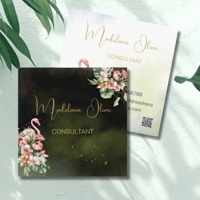 Flamingo Tropical Botanical Black Florist QR Quadratische Visitenkarte (Von Creator hochgeladen)