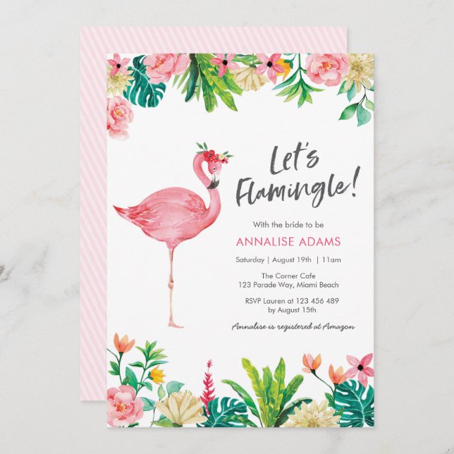 Flamingo Tropical Bridal Dusche Einladung (Vorne/Hinten)