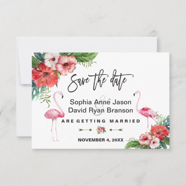 Flamingo Tropical Floral Handwriting Save the Date (Vorderseite)